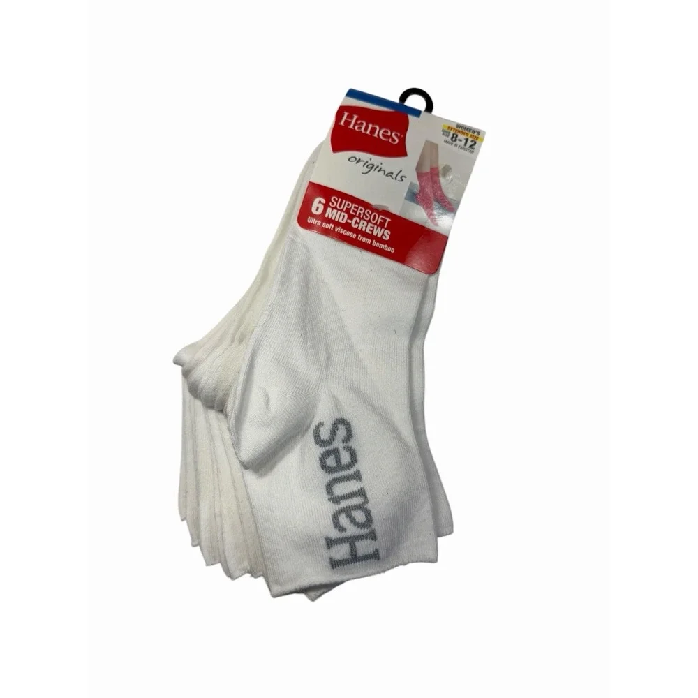 hanes 6 pairs womens super soft mid crew socks white size 8-12